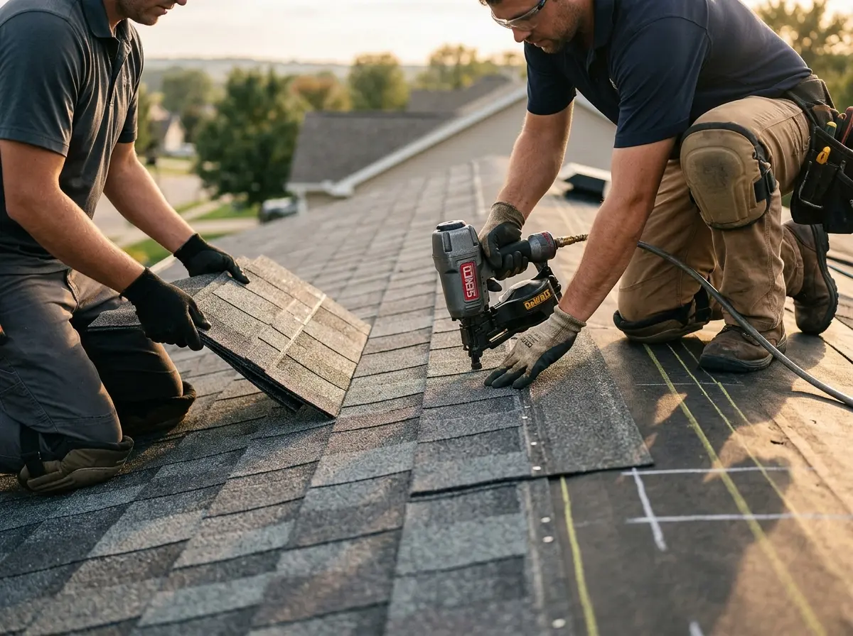Professional roofer working on a residential roof in Newfane